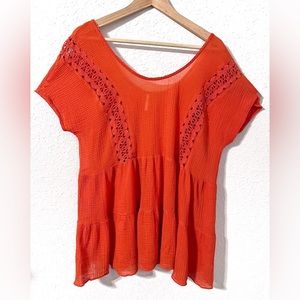 Free People Orange Gauzy Crochet Tunic Oversized Top Size S